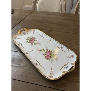 Kaiser Porcelain Floral Rectangular Tea Party Serving Tray with Gold Handles